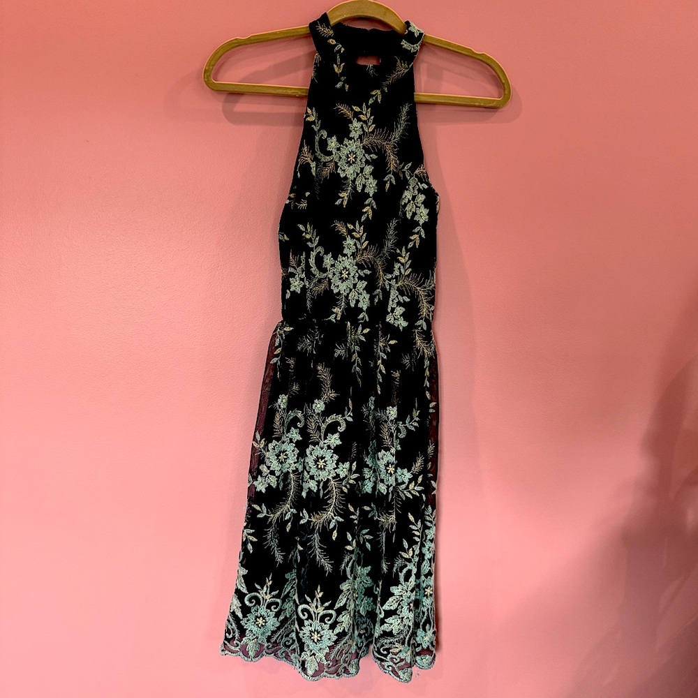 Navy Blue Embroidered Floral Dress